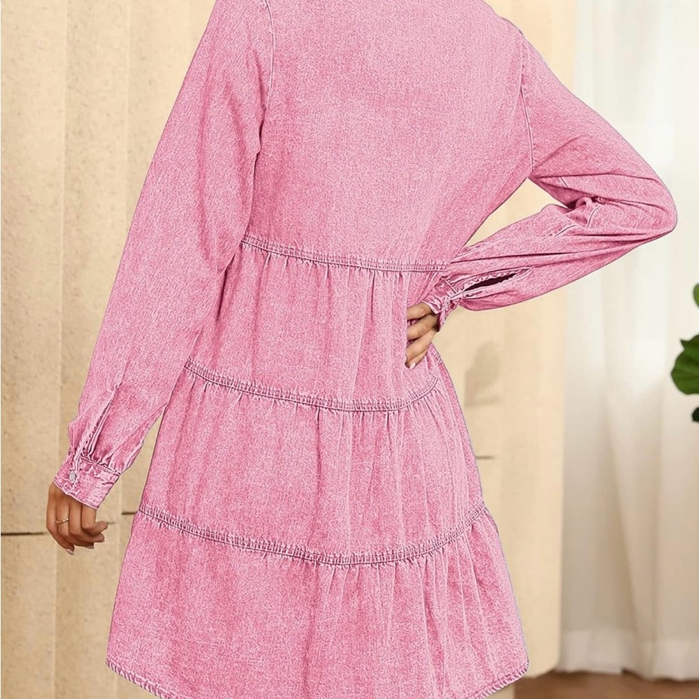 Chic Pink Long Sleeve Denim Dress - Picture 2 of 9